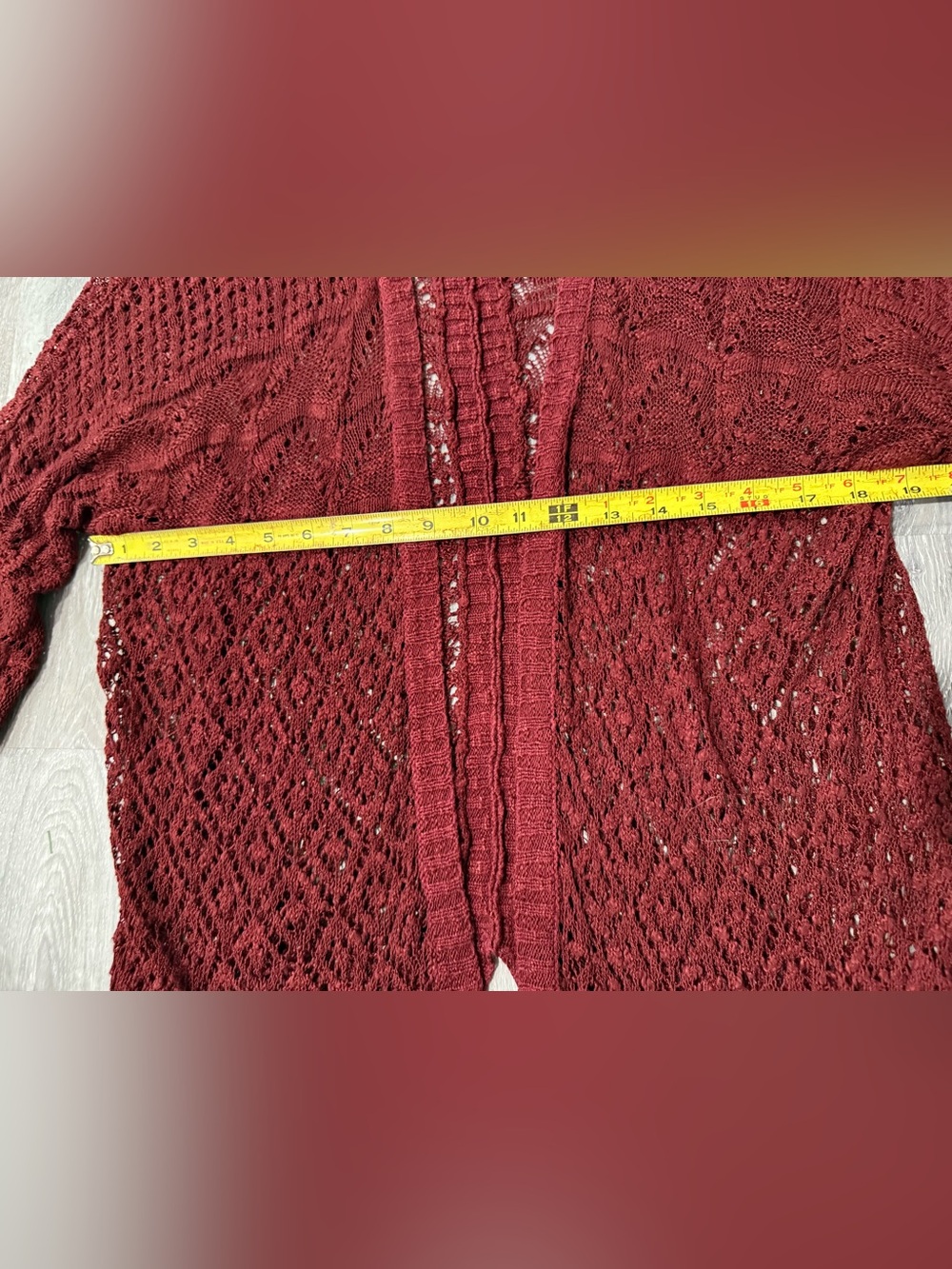 Women's Burgundy Oversized Crochet Knit Open Front Cardigan Boho Kimono Sweater - Picture 4 of 6